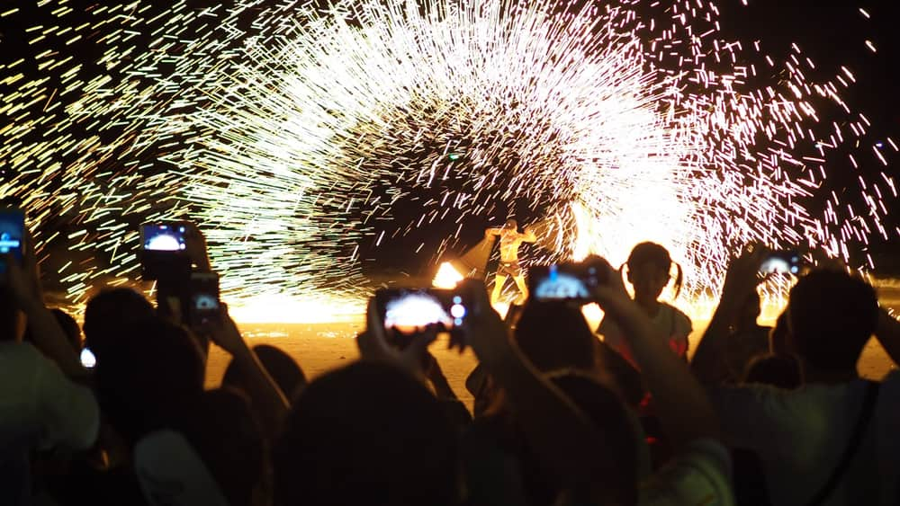 people watching firework display