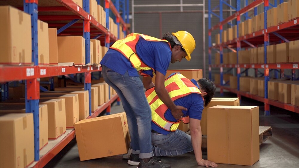 Coworker helping up another injured coworker in the storage room