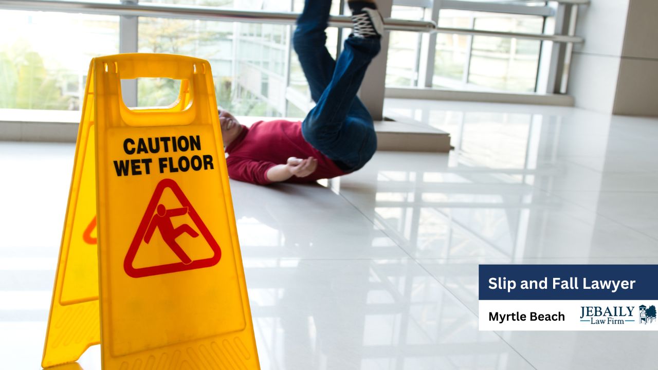 A person is lying on a yellow box in an indoor setting. The scene features a “CAUTION WET FLOOR” sign and advertises a slip and fall lawyer from Jebaily Law Firm in Myrtle Beach.