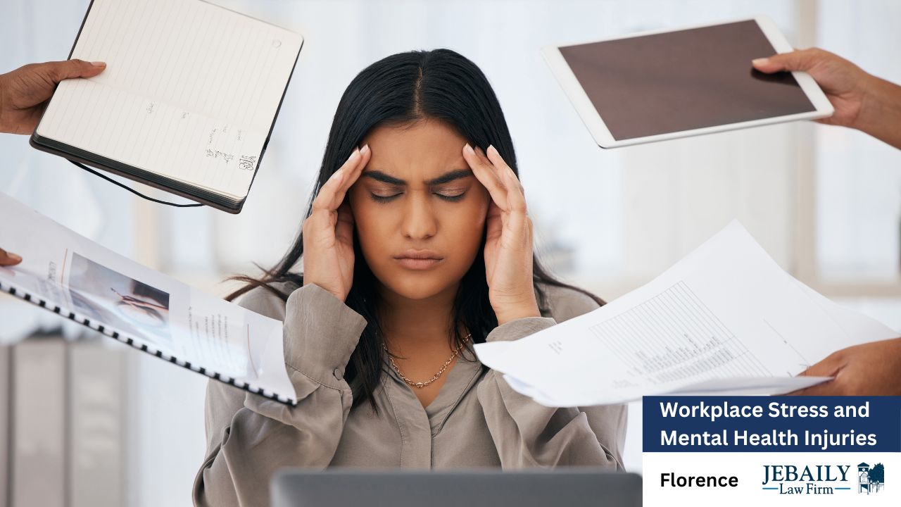 She is holding her head in her hands, her face showing a distressed expression. Several papers and a tablet are scattered around her and above her. The documents appear to be work-related.