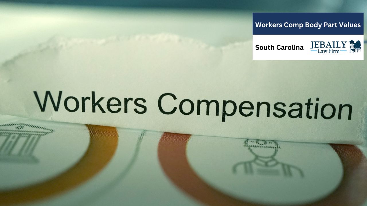 The image is a graphical user interface that displays text related to workers' compensation body part values in South Carolina. It features information from the Jebaily Law Firm, which specializes in workers' compensation.